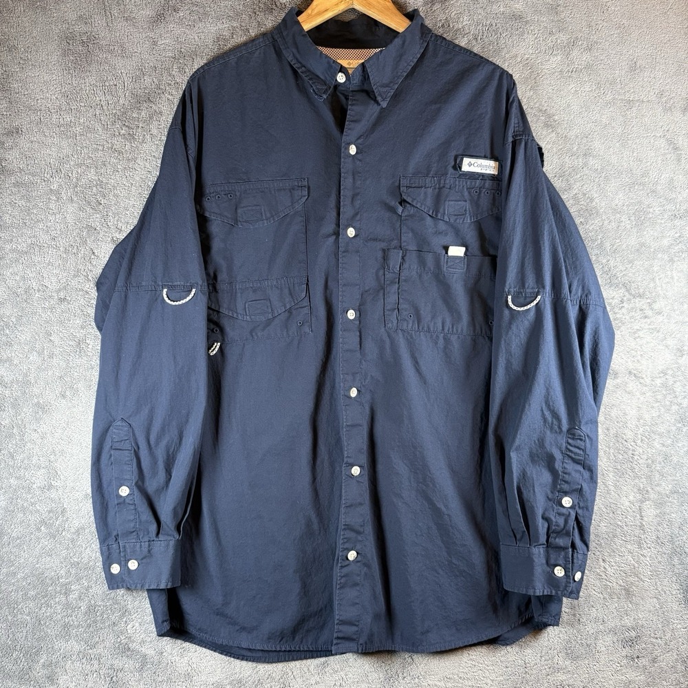 Columbia PFG Fishing Shirt Mens XL Blue Bahama II Long Sleeve Vented Utility